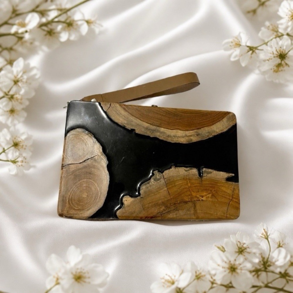 Biofurface $250 Teak Wood Side Handle Bag with Epoxy Resin Eco Friendly Art Fall